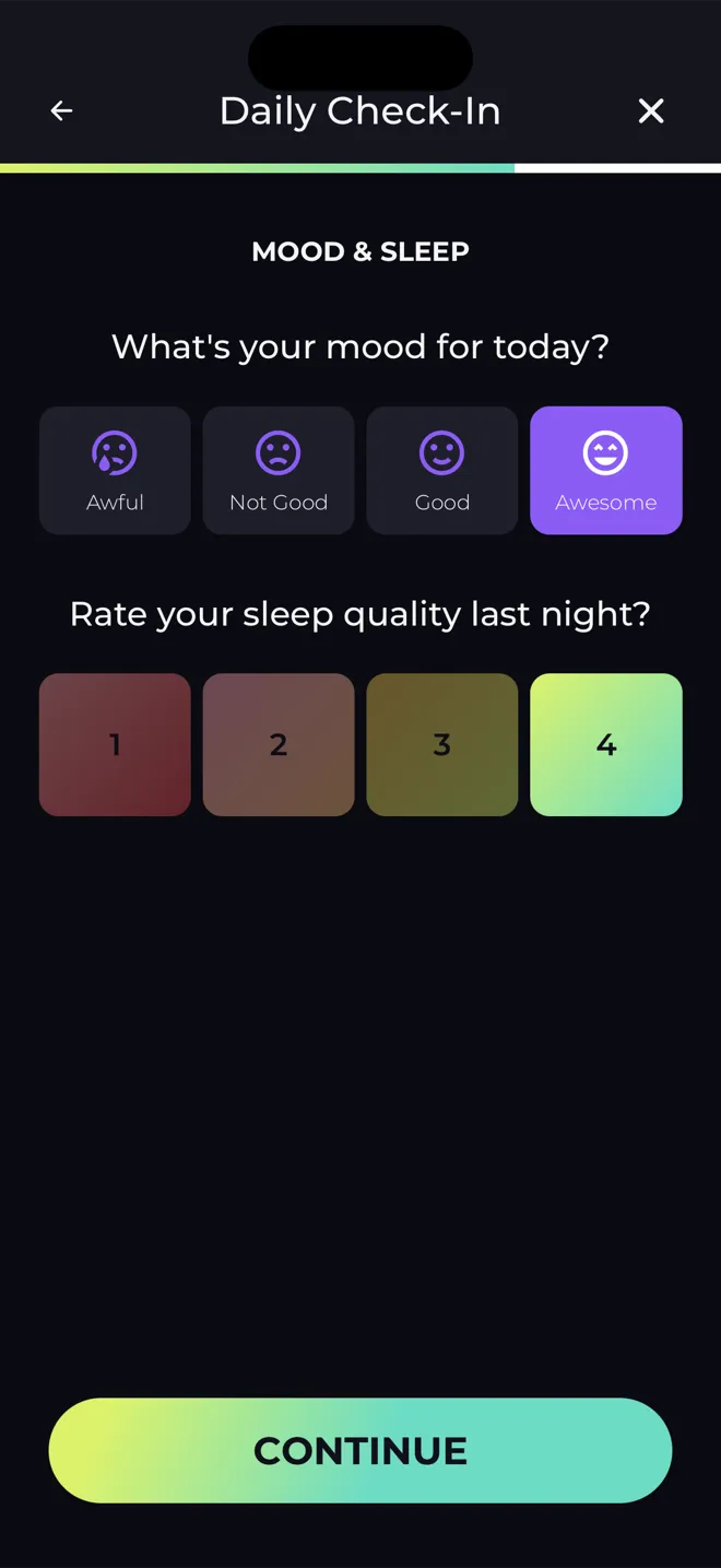 Daily Check-In screen in the Reboot app that asks about your mood today and your sleep quality last night