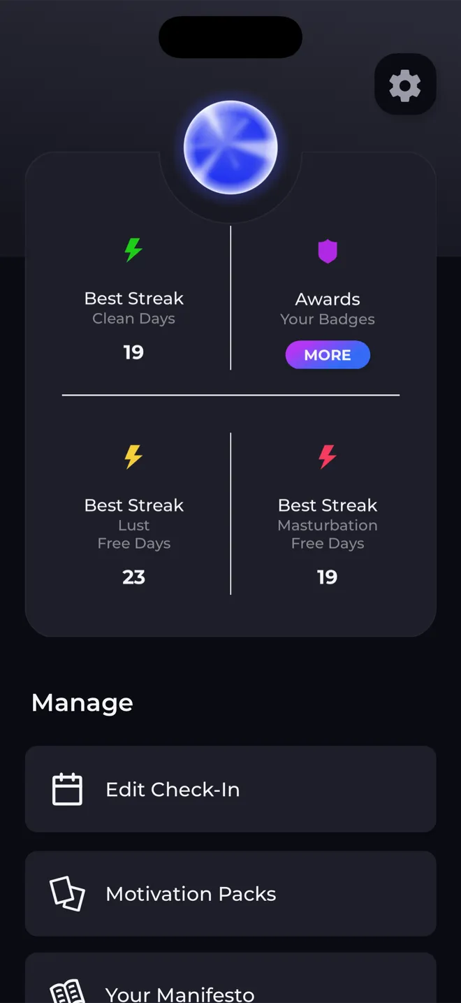 Profile screen in the Reboot app with the level orb, best streaks and a link to your badges